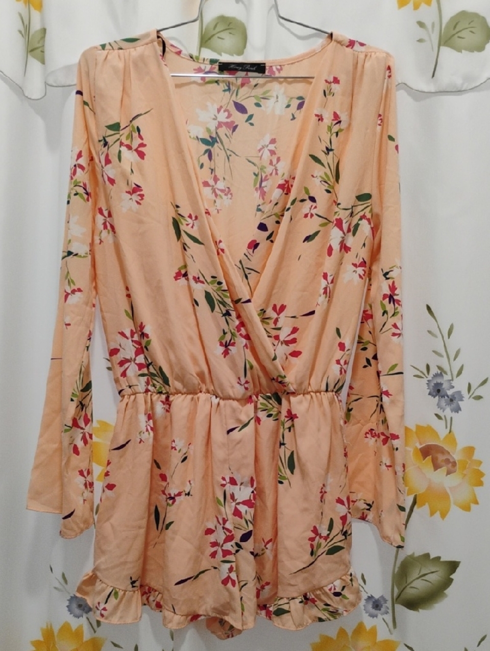 Size M Honey Punch Peach Floral ROMPER with Multicolor Blooms